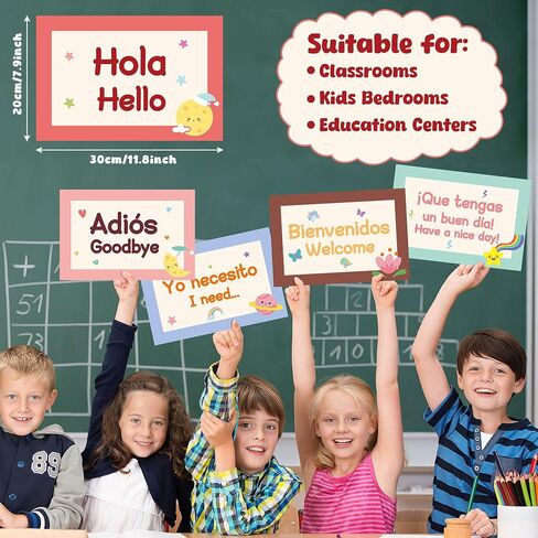 عبارات Watinc Spanish Poster - 16pcs ملصقات إسبانية تم تعيين زينة الفصل الدراسي ، مرحلة ما قبل المدرسة دراسة المواد التعليمية لوازم المعلم ، لوحة إعلانات اللغة التعليمية (ملونة) in Saudi Arabia