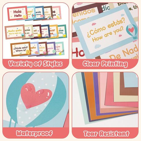 عبارات Watinc Spanish Poster - 16pcs ملصقات إسبانية تم تعيين زينة الفصل الدراسي ، مرحلة ما قبل المدرسة دراسة المواد التعليمية لوازم المعلم ، لوحة إعلانات اللغة التعليمية (ملونة) in Saudi Arabia