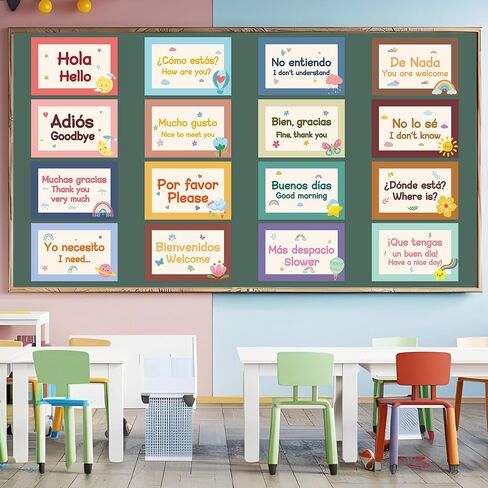 عبارات Watinc Spanish Poster - 16pcs ملصقات إسبانية تم تعيين زينة الفصل الدراسي ، مرحلة ما قبل المدرسة دراسة المواد التعليمية لوازم المعلم ، لوحة إعلانات اللغة التعليمية (ملونة) in Saudi Arabia