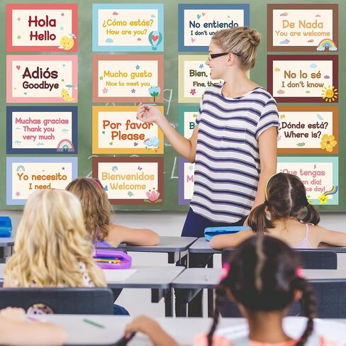 عبارات Watinc Spanish Poster - 16pcs ملصقات إسبانية تم تعيين زينة الفصل الدراسي ، مرحلة ما قبل المدرسة دراسة المواد التعليمية لوازم المعلم ، لوحة إعلانات اللغة التعليمية (ملونة) in Saudi Arabia