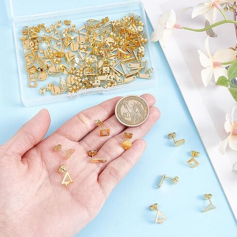 60Pcs Stud Earring Findings 6 Style Stainless Steel Earring Post with Loop 80Pcs Backs Gold Silver Ear Stud for Women DIY Jewelry Making Accessories Oval Rhombus Rectangle in Kuwait