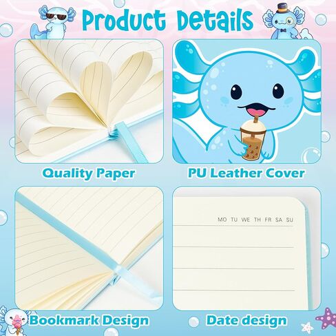 Xqumoi Axolotl Hardcover Ruled Journal Notebook with Planner Stickers, A5 Hardbound Journal Writing Notebook Teacher Appreciation Gift Back to School Office Supplies Diary Notepad 8.3" x 5.5" (Blue) in Saudi Arabia