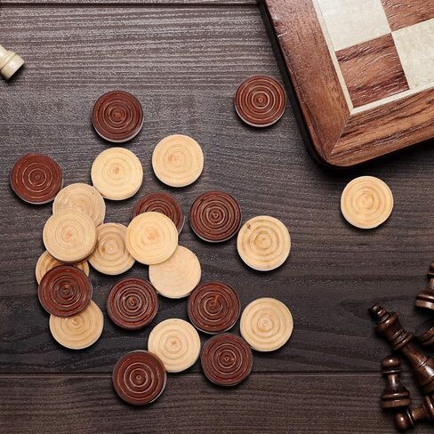 48 Pieces Wooden Checkers 1.06 Inch Wooden Checkers Pieces with Stackable Ridge in Drawstring Storage Pouch Red Black Dark Brown Wood Color (Dark Brown, Natural Color) in Saudi Arabia
