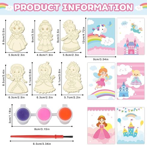24Pcs Princess Party Favors Birthday Supplies Decorations-Cards with Art Crafts Castle Fairies DIY Wooden Painting Craft Kits Thank You for Coming Gifts Bulk Goodie Bags Stuffers Prizes for Kids Girls in Saudi Arabia