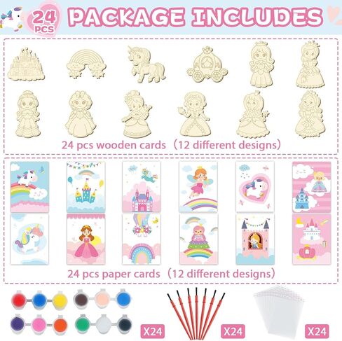 24Pcs Princess Party Favors Birthday Supplies Decorations-Cards with Art Crafts Castle Fairies DIY Wooden Painting Craft Kits Thank You for Coming Gifts Bulk Goodie Bags Stuffers Prizes for Kids Girls in Saudi Arabia