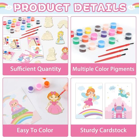 24Pcs Princess Party Favors Birthday Supplies Decorations-Cards with Art Crafts Castle Fairies DIY Wooden Painting Craft Kits Thank You for Coming Gifts Bulk Goodie Bags Stuffers Prizes for Kids Girls in Saudi Arabia
