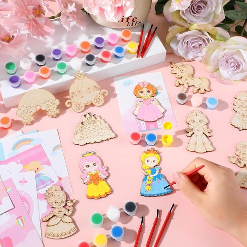 24Pcs Princess Party Favors Birthday Supplies Decorations-Cards with Art Crafts Castle Fairies DIY Wooden Painting Craft Kits Thank You for Coming Gifts Bulk Goodie Bags Stuffers Prizes for Kids Girls in Saudi Arabia