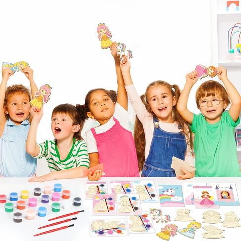 24Pcs Princess Party Favors Birthday Supplies Decorations-Cards with Art Crafts Castle Fairies DIY Wooden Painting Craft Kits Thank You for Coming Gifts Bulk Goodie Bags Stuffers Prizes for Kids Girls in Saudi Arabia