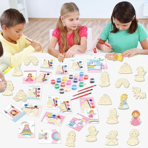24Pcs Princess Party Favors Birthday Supplies Decorations-Cards with Art Crafts Castle Fairies DIY Wooden Painting Craft Kits Thank You for Coming Gifts Bulk Goodie Bags Stuffers Prizes for Kids Girls in Saudi Arabia