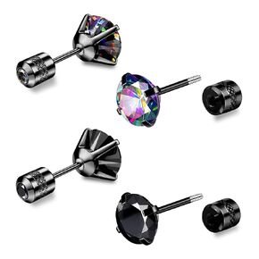 Smilebelle 2 Pairs Titanium Screw Back Earrings, Black Mens Stud Earrings Hypoallergenic Titanium Flat Back Earrings for Women 6mm Rainbow Cubic Zirconia Studs Cartilage Piercing Twist Grad Jewelry