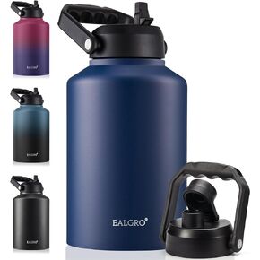Insulated Gallon Water Bottle Jug with Straw, 128 oz Large Stainless Steel Sports Metal Water Canteen With Handle, Thermal Water Cup Mug with 2 Lids, Midnight Black