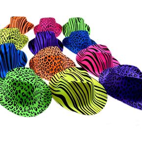 Novelty Place Neon Animal Print Plastic Party Hats, Fedora with Gangster Mafia Style, UV Blacklight Glow Party Stars Rave Hats for Kids and Teens in Birthday, Concerts, Music Party(Pack of 12)