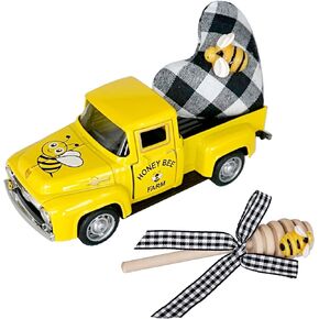 Mini Farm Fresh Honey Yellow Truck Toy with Buffalo Check Heart Little Bee Farmhouse Honey Bee Layered Tray Decoration Vintage Pickup Truck Metal Car Spring/Summer Bookshelf Table Decoration