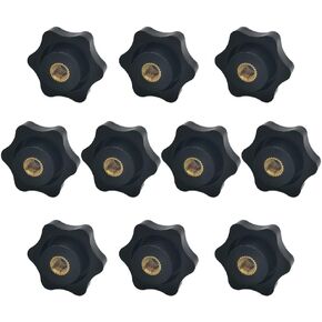 6-Star Knob 10PCS 1/4 Inch Plastic Hexagon Head Thru Knobs M6 x 32 Brass Female Thread Clamping Nuts Screw On Knob Grip Knurled Handle Through Hole Set-Up (10, M6)