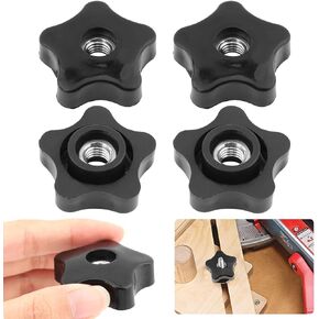 4PCS T-Track Knobs, 3/8 Inch 16 Through-Hole knobs, Five-Star Thru Threaded Knob Nuts, Star Shape Knurled Clamping Nuts for Sawing Machine, Drilling Machine, Plastic Screw-On Type(Black)