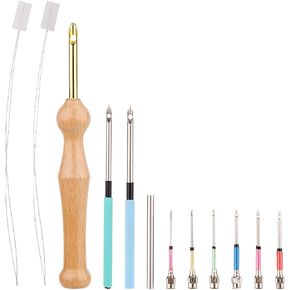 Punch Needle Kit, Embroidery Punch Adjustable Needle Kit Wooden Handle Embroidery Tool Punch Bare Needle Threader Starter Set for Yarn Embroidery Floss Cross Stitching Beginner