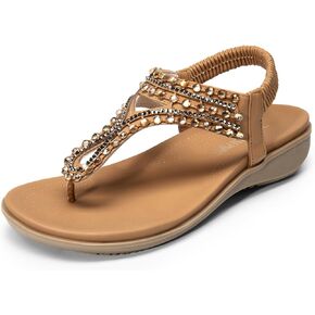 DREAM PAIRS Women's Comfortable Dressy Flat Sandals Rhinestone Elastic T-Strap Thong Sandals for Summer Beach