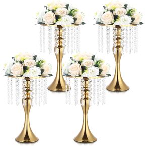 4 Pcs Gold Vases for Centerpieces, 13.5 inch Tall Crystal Flower Stand Wedding Centerpieces for Tables Decorative Metal Flower Vase for Party Anniversary Ceremony Birthday Event Home Decor
