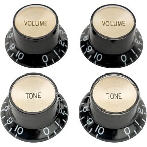 Musiclily Pro Metric Size 18 Spline Top Hat Bell Reflector 2 Volume 2 Tone Knobs Set for Epiphone Les Paul SG Electric Guitar Asia Import Guitar Bass Split Shaft Pots, Black with Silver Top