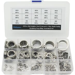 325Pcs 304 Stainless Steel External C-Clips Shaft Circlip Retaining Snap Ring Assortment Set