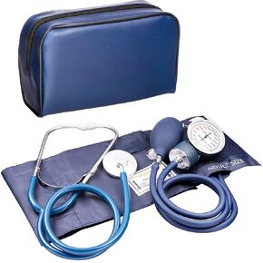 Adult Size Blue Manual Blood Pressure Machine and Stethoscope Kit, BP Monitor with Adjustable Upper Arm Cuff for Monitoring High Blood Pressure, Includes Carrying Case