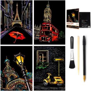Scratch&Sketch Art Paper(A4) for Kids&Adults, Rainbow Painting Night View Scratchboard, Art&Craft, Engraving Art Set: 4 Scratch Cards & Scratch Drawing Pen, Clean Brush (Street Corner)