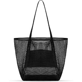 Mesh Beach Bag, Beach Bags for Women, Woven Straw Beach Tote Bag Waterproof with Inner Pocket, Packable Beach Bag