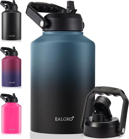 Insulated Gallon Water Bottle Jug with Straw, 128 oz Large Stainless Steel Sports Metal Water Canteen With Handle, Thermal Water Cup Mug with 2 Lids, Midnight Black in Kuwait