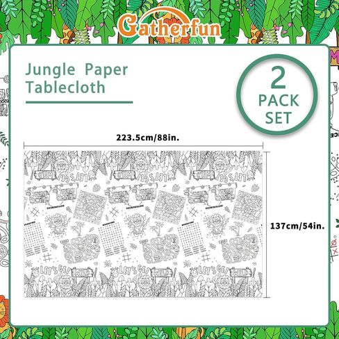 مفرش طاولة ورق تلوين للأطفال من Gatherfun مكون من قطعتين من Safari Jungle Theme، غطاء طاولة للأنشطة التفاعلية لحفلات أعياد ميلاد الأولاد، وديكورات المناسبات المدرسية - عبوتان مقاس 54 × 88 بوصة in Kuwait