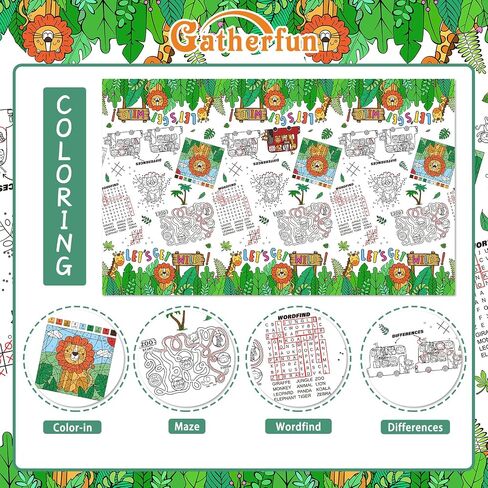 مفرش طاولة ورق تلوين للأطفال من Gatherfun مكون من قطعتين من Safari Jungle Theme، غطاء طاولة للأنشطة التفاعلية لحفلات أعياد ميلاد الأولاد، وديكورات المناسبات المدرسية - عبوتان مقاس 54 × 88 بوصة in Kuwait