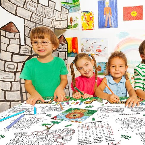 مفرش طاولة ورق تلوين للأطفال من Gatherfun مكون من قطعتين من Safari Jungle Theme، غطاء طاولة للأنشطة التفاعلية لحفلات أعياد ميلاد الأولاد، وديكورات المناسبات المدرسية - عبوتان مقاس 54 × 88 بوصة in Kuwait