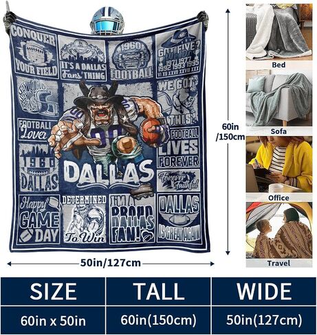 Dallas Football Blanket Blue Football Style Plush Travel Throw Blanket for Women Men Football Lovers Flannel Blanket 60" X 50" in Saudi Arabia