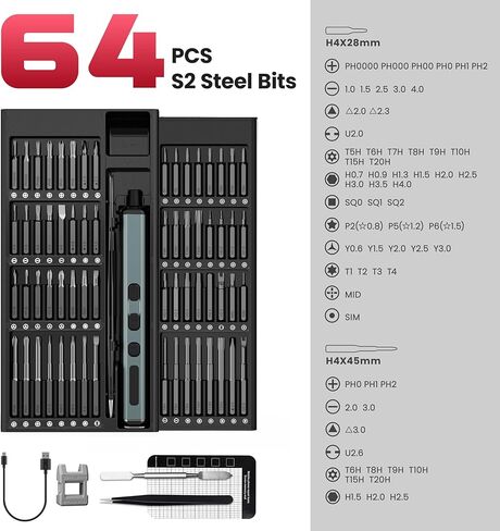 مفك براغي كهربائي صغير 70 في 1 من KAIWEETS، مجموعة مفكات براغي لاسلكية قابلة لإعادة الشحن مع 64 قطعة مغناطيسية S2، عزم دوران 5 تروس، 4 مصابيح LED، مفك براغي للطاقة للعمل الدقيق لكاميرا الهاتف المحمول وساعة الكمبيوتر المحمول in Kuwait
