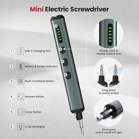 مفك براغي كهربائي صغير 70 في 1 من KAIWEETS، مجموعة مفكات براغي لاسلكية قابلة لإعادة الشحن مع 64 قطعة مغناطيسية S2، عزم دوران 5 تروس، 4 مصابيح LED، مفك براغي للطاقة للعمل الدقيق لكاميرا الهاتف المحمول وساعة الكمبيوتر المحمول in Kuwait