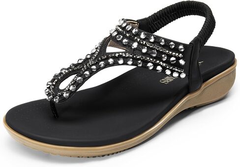 DREAM PAIRS Women's Comfortable Dressy Flat Sandals Rhinestone Elastic T-Strap Thong Sandals for Summer Beach in Saudi Arabia