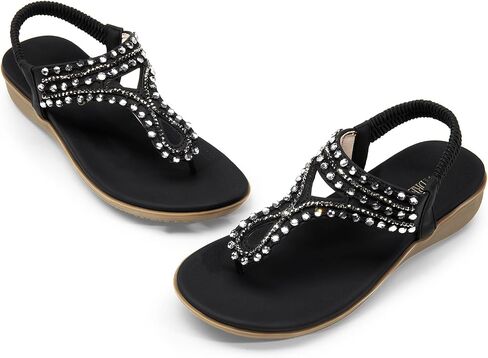 DREAM PAIRS Women's Comfortable Dressy Flat Sandals Rhinestone Elastic T-Strap Thong Sandals for Summer Beach in Saudi Arabia