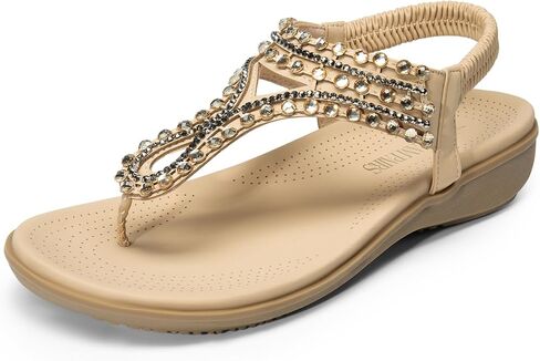DREAM PAIRS Women's Comfortable Dressy Flat Sandals Rhinestone Elastic T-Strap Thong Sandals for Summer Beach in Saudi Arabia