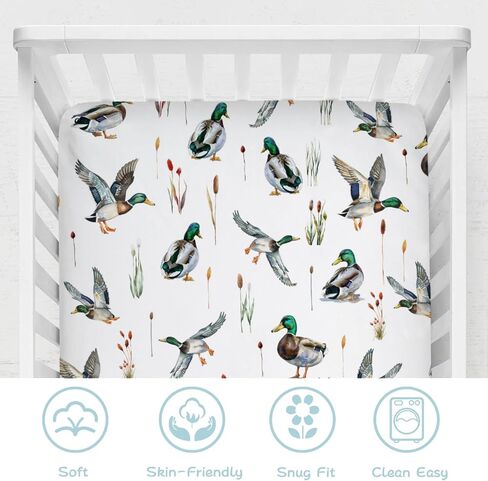 مالارد داك سرير الطفل المجهزة ورقة 52''x28'' صيد البط بسط جاهزة ملاءة سرير لصبي فتاة البرية بطة لينة الحضانة ملاءة سرير لسرير القياسية وفراش طفل صغير in Kuwait
