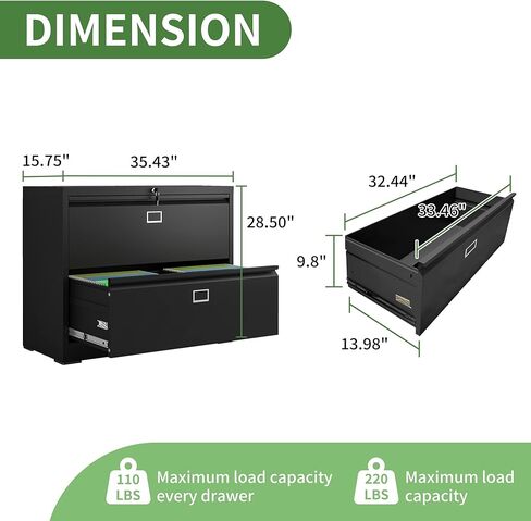 خزانة ملفات جانبية مع قفل، خزانات ملفات معدنية بدرجين، خزانة تخزين للمكتب المنزلي لتعليق الملفات، الحروف/القانونية/F4/A4 (أسود) in Kuwait