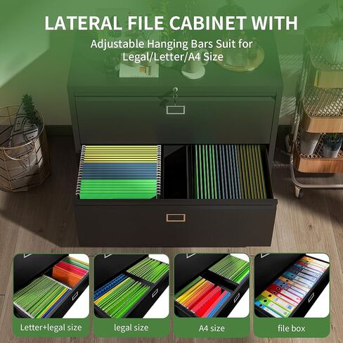 خزانة ملفات جانبية مع قفل، خزانات ملفات معدنية بدرجين، خزانة تخزين للمكتب المنزلي لتعليق الملفات، الحروف/القانونية/F4/A4 (أسود) in Kuwait