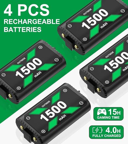 حزمة بطارية DINOSTRIKE Xbox القابلة لإعادة الشحن، 4x1500 مللي أمبير (4x3600 مللي واط في الساعة) حزم بطاريات وحدة تحكم Xbox One مع محطة شحن بطارية شحن سريع لأجهزة Xbox SeriesX|S/Xbox One S/Xbox One X/Elite Controller in Kuwait