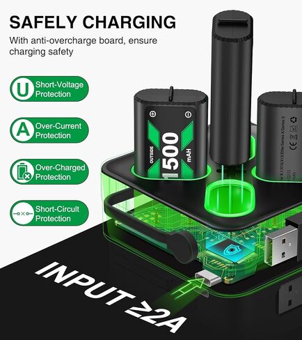 حزمة بطارية DINOSTRIKE Xbox القابلة لإعادة الشحن، 4x1500 مللي أمبير (4x3600 مللي واط في الساعة) حزم بطاريات وحدة تحكم Xbox One مع محطة شحن بطارية شحن سريع لأجهزة Xbox SeriesX|S/Xbox One S/Xbox One X/Elite Controller in Kuwait