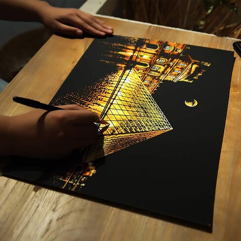 لوحات رسم من ورق الخدش بألوان قوس قزح، لوحة رسم فنية للرؤية الليلية للبالغين والمراهقين - هدية إبداعية لرسم الخدش - عبوتان وقلم، فرشاة نظيفة، 16 بوصة × 11.2 بوصة (باريس/اللوفر) in Saudi Arabia