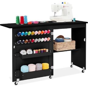 Best Choice Products Folding Sewing Table Multipurpose Craft Station & Side Desk with Compact Design, Wheels, Shelves, Storage Trays, Pegs, Magnetic Doors, Metal Doorknobs - Natural/White in Kuwait