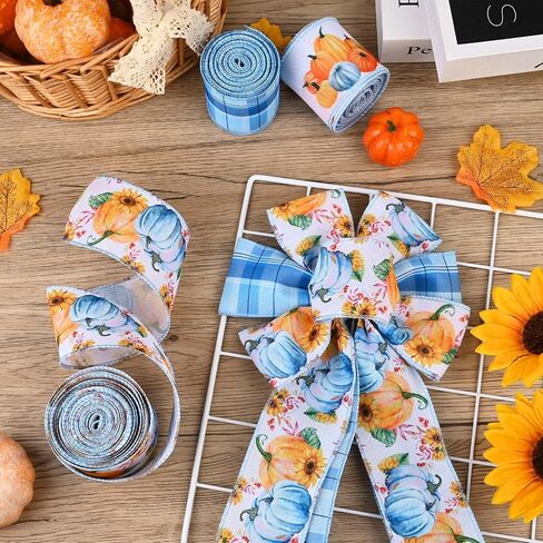 4ROLLS 20 ياردة سقوط حافة سلكية الشريط الأزرق أبيض بوفالو بوفالو منقوشة القرع الشاحنة النمط النمط الخيش لشراء الخيش ليوم عيد الشكر للهدية إكليلا in Saudi Arabia