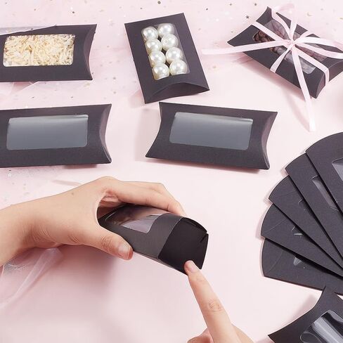 BENECREAT 30pcs 2.8x4.8x0.79inch Paper Pillow Candy Boxes with Rectangle Clear Window, Black Candy Packaging Box Small Treat Box for Wedding Favors Birthday Party Supplies in Saudi Arabia