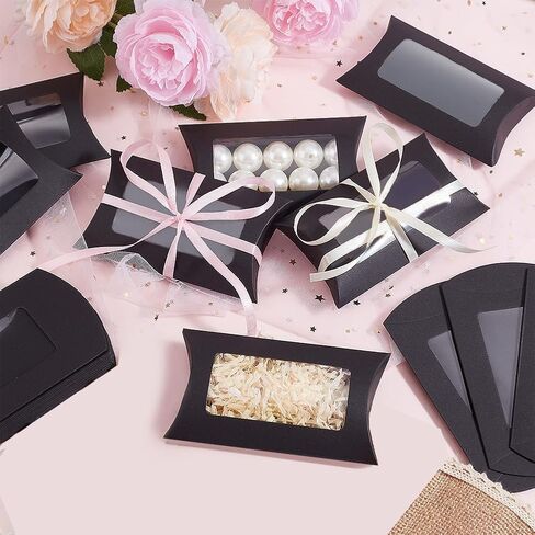 BENECREAT 30pcs 2.8x4.8x0.79inch Paper Pillow Candy Boxes with Rectangle Clear Window, Black Candy Packaging Box Small Treat Box for Wedding Favors Birthday Party Supplies in Saudi Arabia