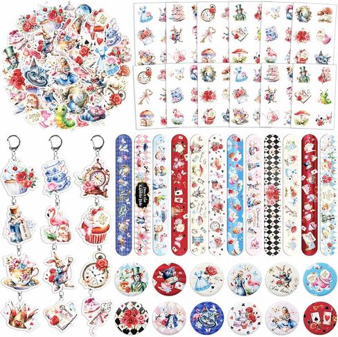 Alice in Wonderland Party Favors for Kids - 98PCS Birthday Gift Set with Bracelets, Keychains, Tattoos, Stickers & Pins, Mad Hatter Tea Party Theme Supplies in Kuwait
