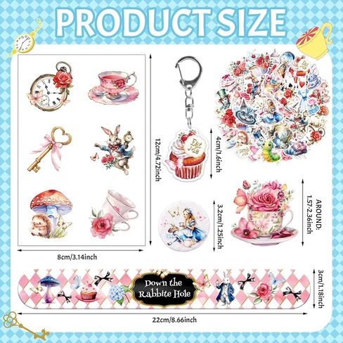 Alice in Wonderland Party Favors for Kids - 98PCS Birthday Gift Set with Bracelets, Keychains, Tattoos, Stickers & Pins, Mad Hatter Tea Party Theme Supplies in Kuwait