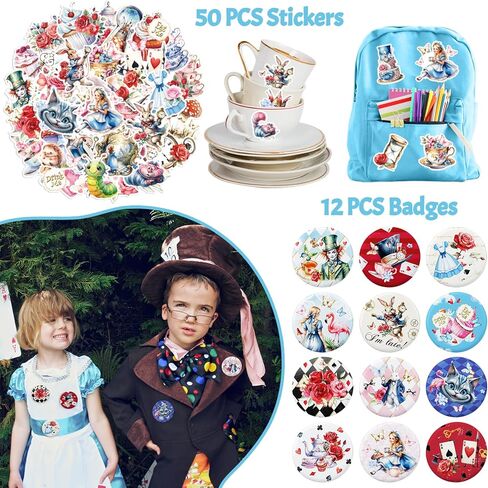 Alice in Wonderland Party Favors for Kids - 98PCS Birthday Gift Set with Bracelets, Keychains, Tattoos, Stickers & Pins, Mad Hatter Tea Party Theme Supplies in Kuwait